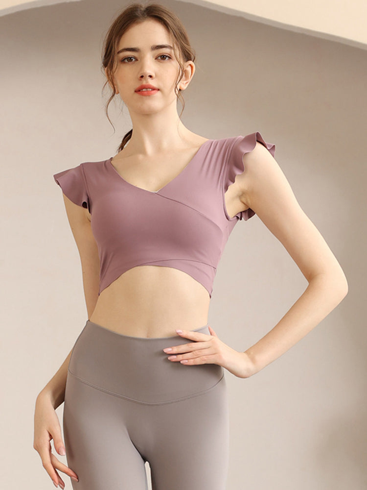 フリル袖トップス 美背スポーツ半袖