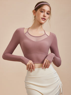 メッシュ切り替え フェイクレイヤード ブラトップ 長袖