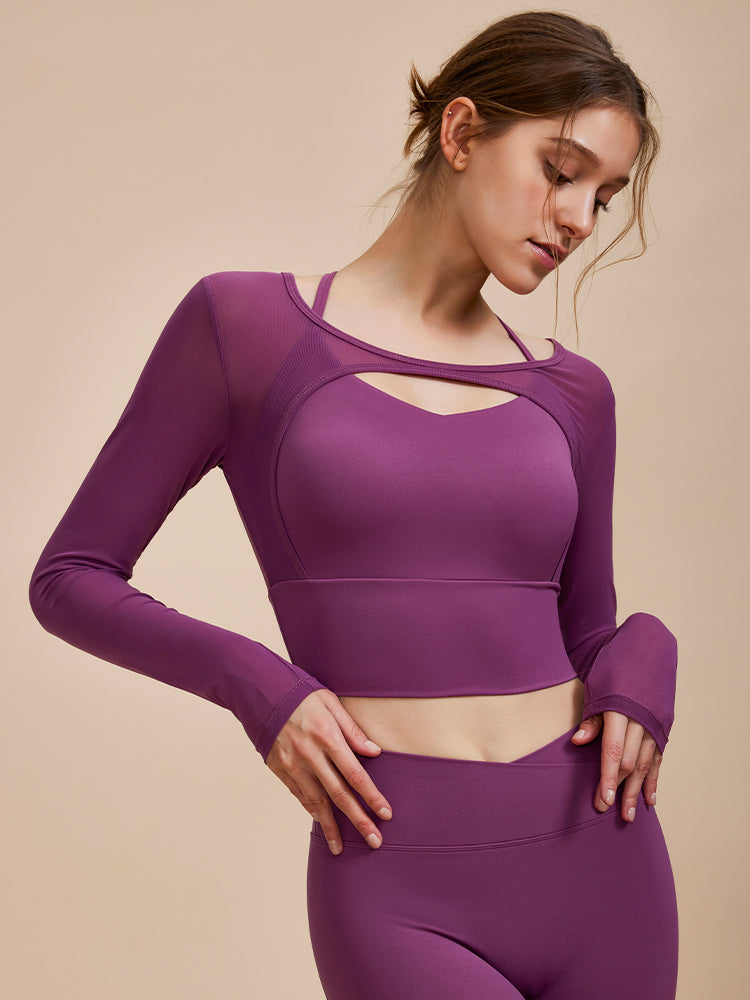 ホルターネック メッシュ切り替え ブラトップ長袖 フェイクレイヤード