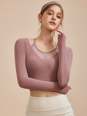 メッシュ切り替え フェイクレイヤード ブラトップ 長袖