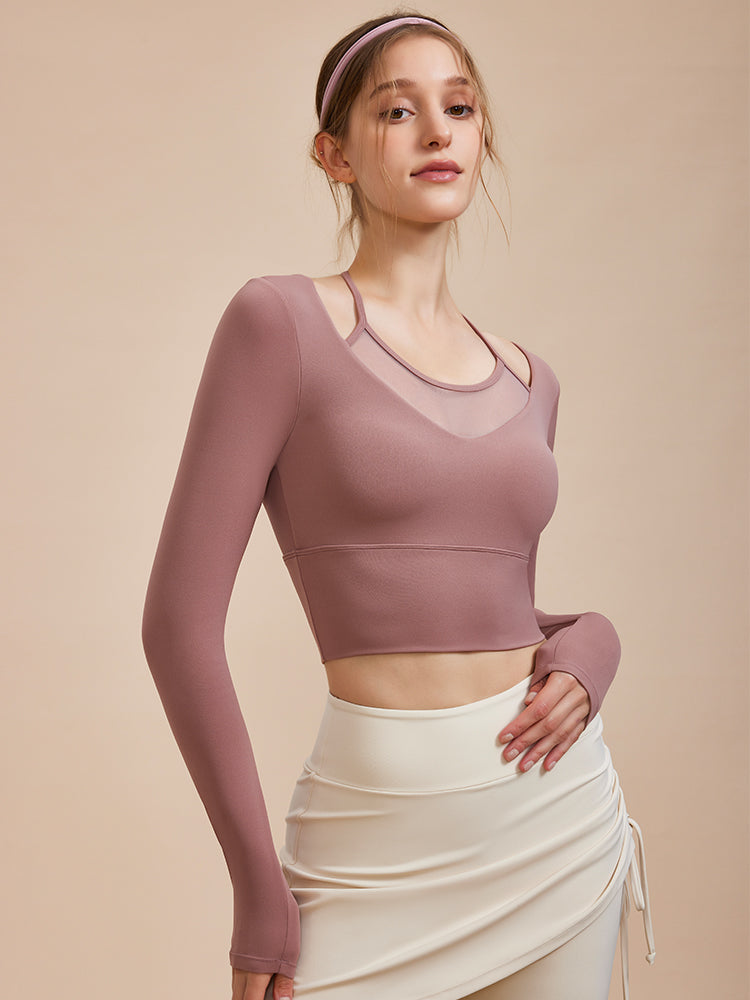 メッシュ切り替え フェイクレイヤード ブラトップ 長袖