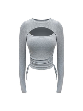 前開き 長袖Tシャツ サイドシャーリング入り