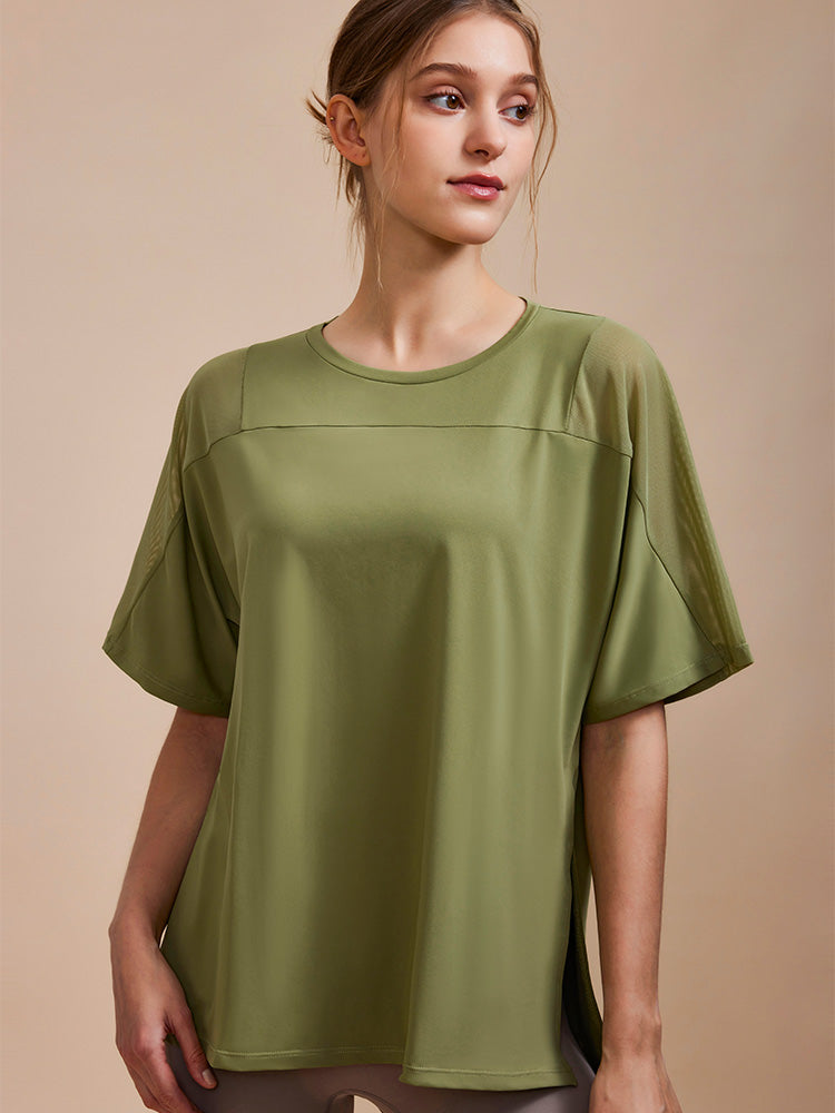 メッシュ切り替え ロング丈 半袖　Tシャツ