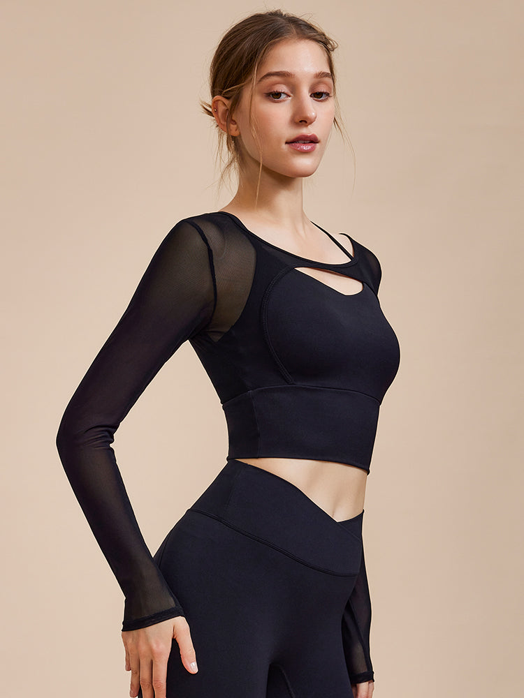 ホルターネック メッシュ切り替え ブラトップ長袖 フェイクレイヤード