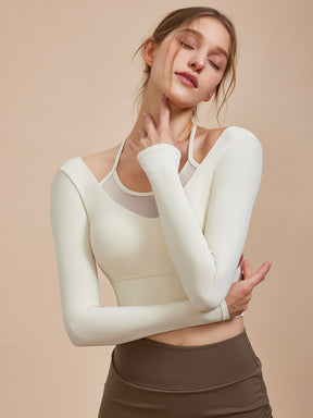 メッシュ切り替え フェイクレイヤード ブラトップ 長袖