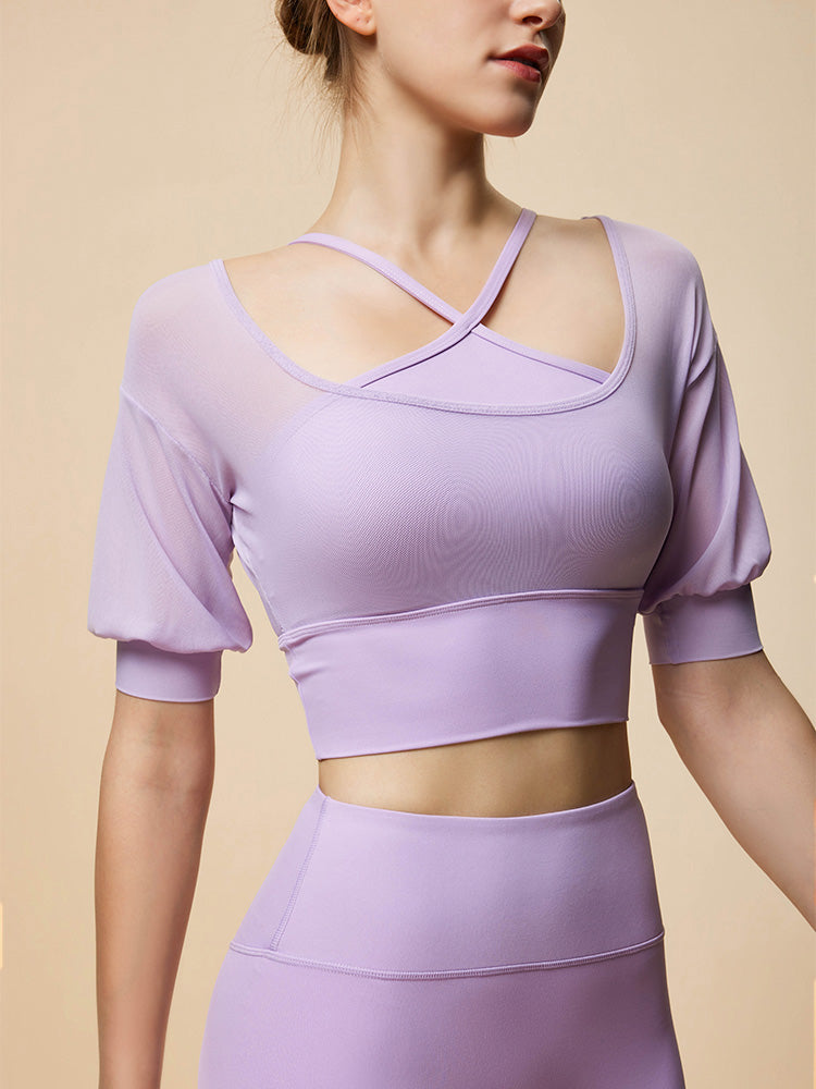 メッシュ切り替え フェイクレイヤード 半袖 パッド付き