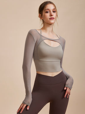 ホルターネック メッシュ切り替え ブラトップ長袖 フェイクレイヤード