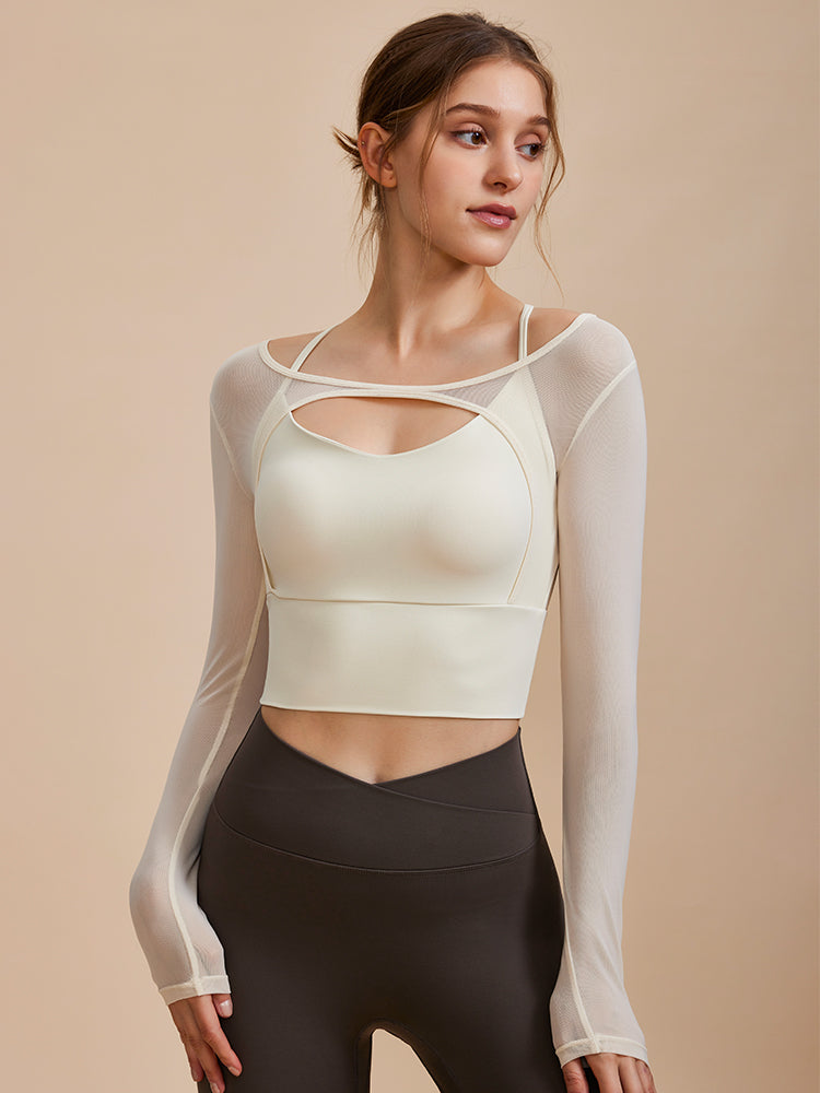 ホルターネック メッシュ切り替え ブラトップ長袖 フェイクレイヤード