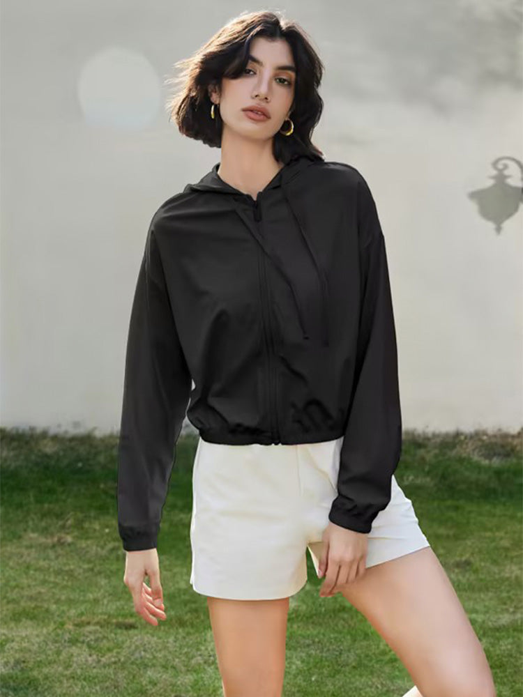 「新色入荷」日焼け対策 ドローストリング付き 無地柄 ジップパーカー