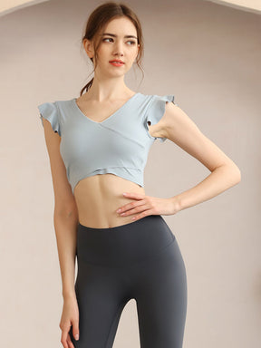 フリル袖トップス 美背スポーツ半袖