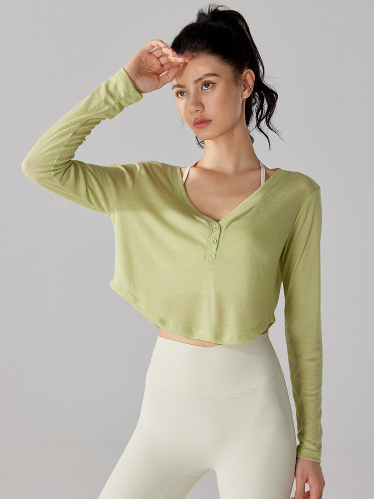 Vネック 通気性 ショート丈 ヨガ 長袖