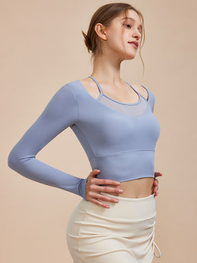 メッシュ切り替え フェイクレイヤード ブラトップ 長袖